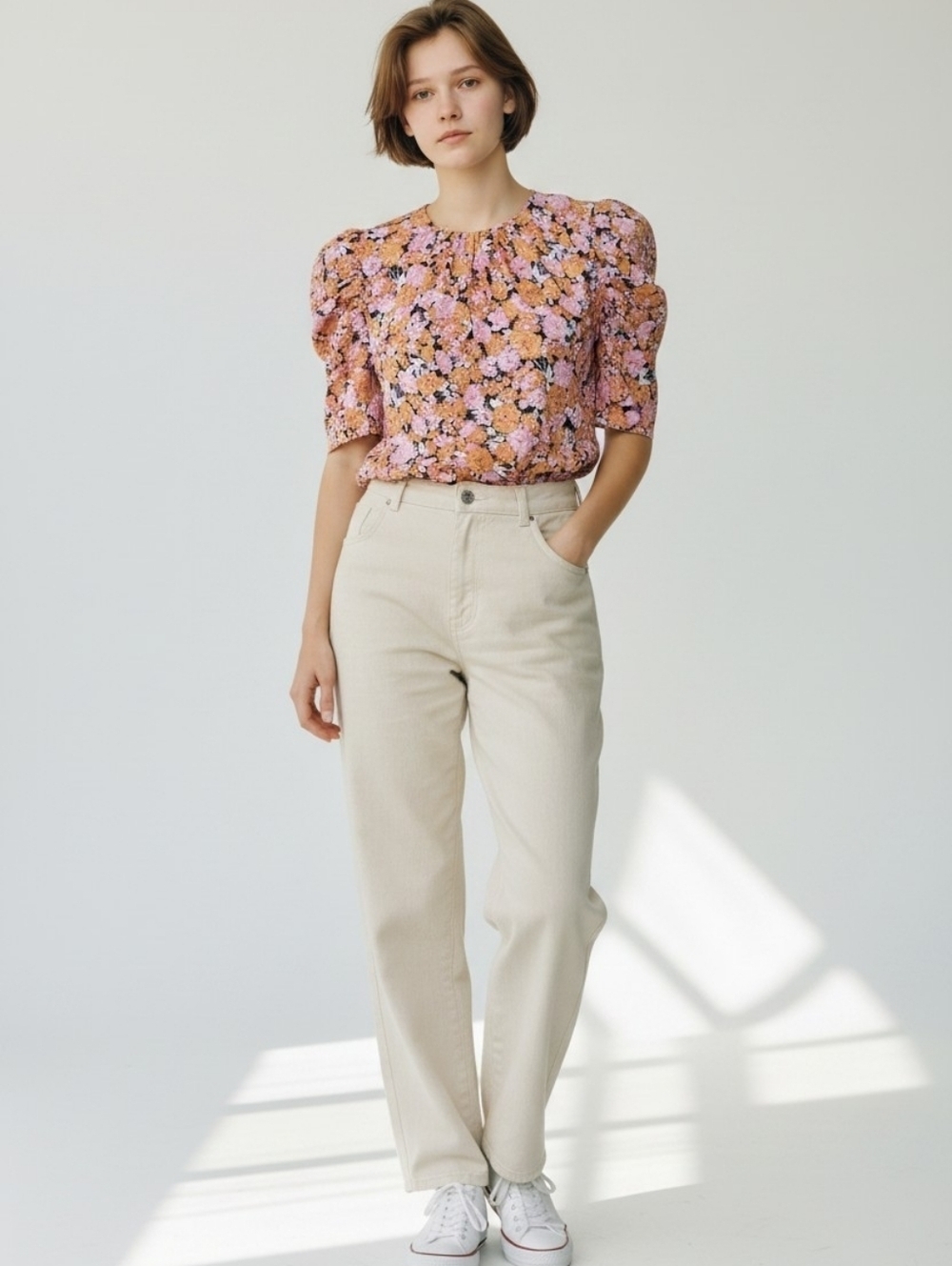 WAYF Womens M Shirt Blouse Orange Pink Floral Puffy Shoulders Spring Summer